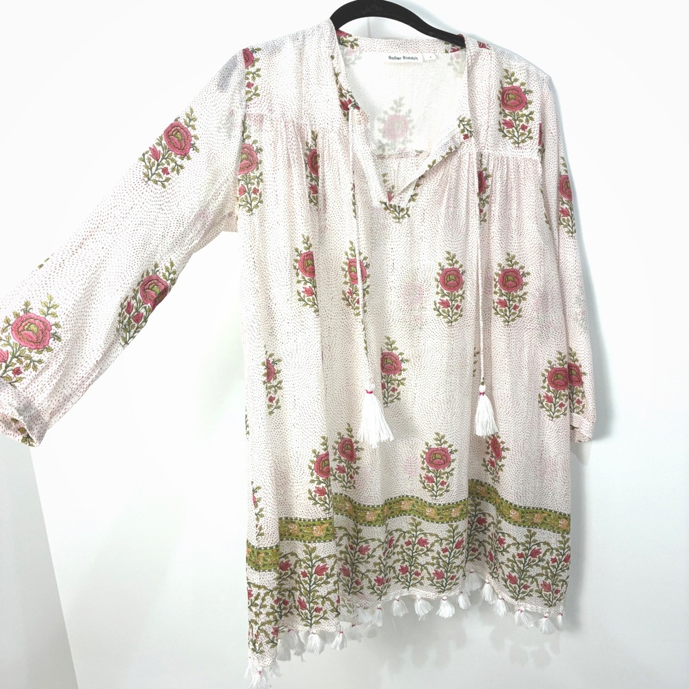 Roller Rabbit Serafina Tunic Pink Floral Boho Tassel Cotton Cottagecore Small